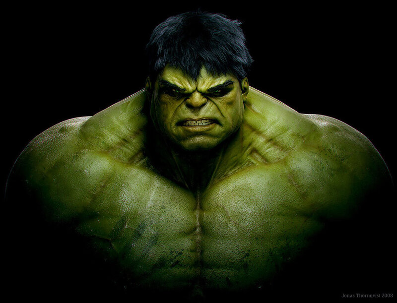 Green Muscular Character — Intense, Digital Art, Black Hair