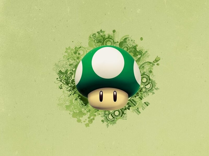 Green Mushroom Character — Playful, Digital Art, Floral Pattern