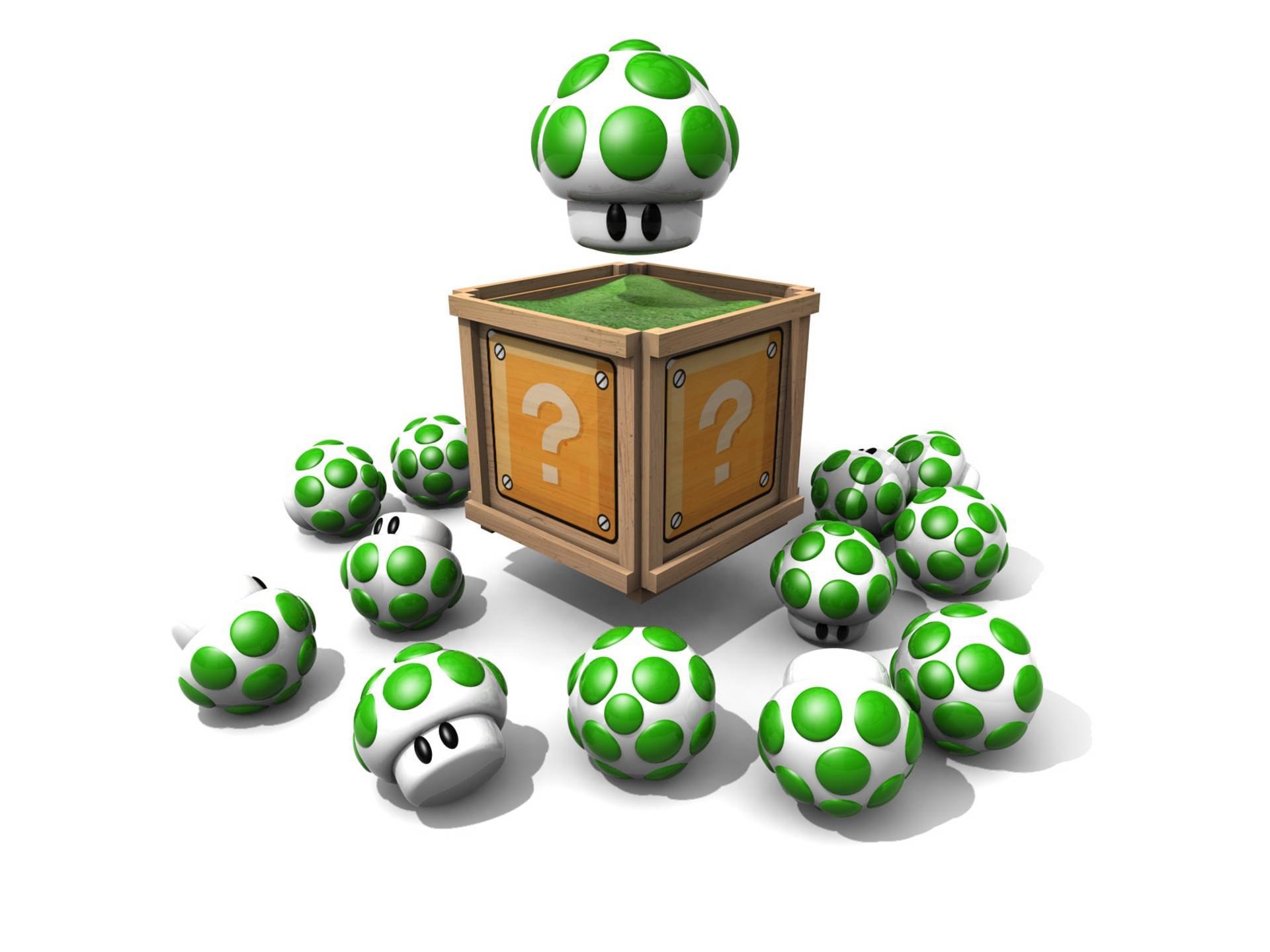 Green mushrooms in a question block