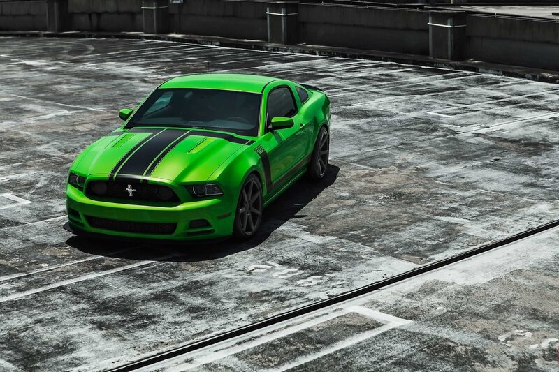 Green Mustang Car — Dramatic, Afternoon, Photograph, Parking Lot, Stripes