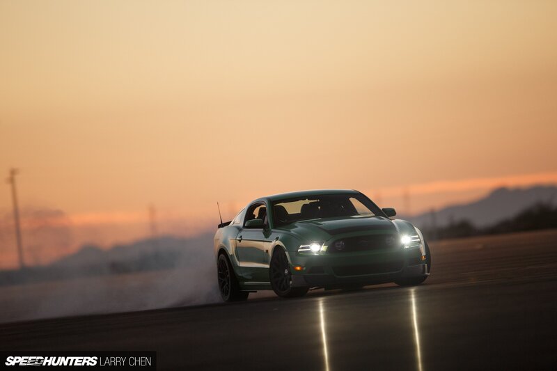 Green Mustang Car — Dramatic, Sunset, Photograph