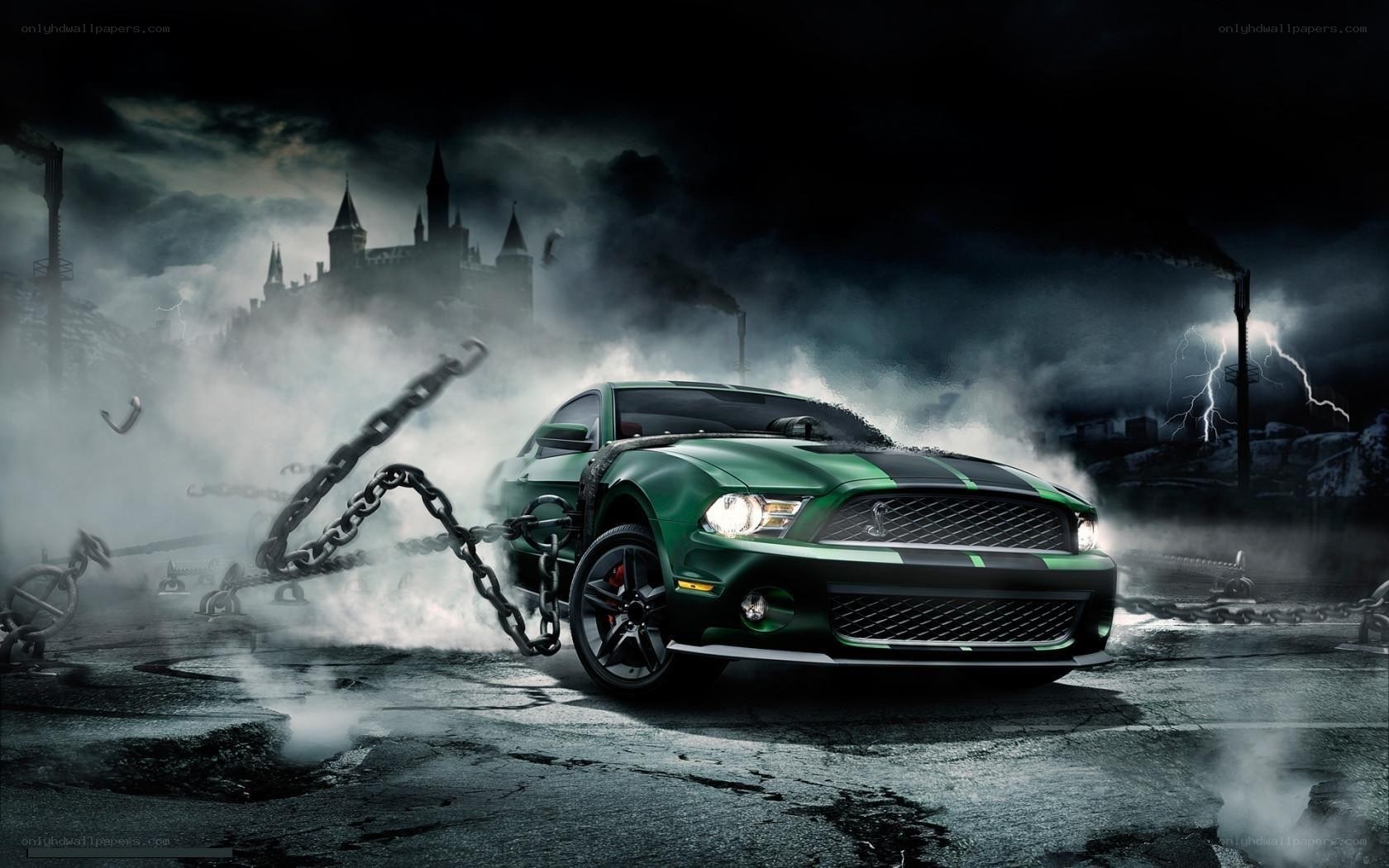 Green Mustang in a storm