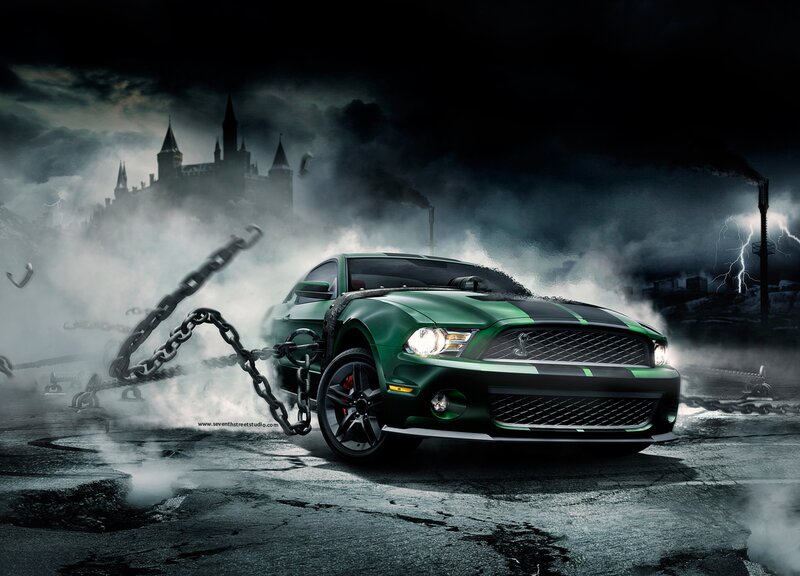 Green Mustang in a storm
