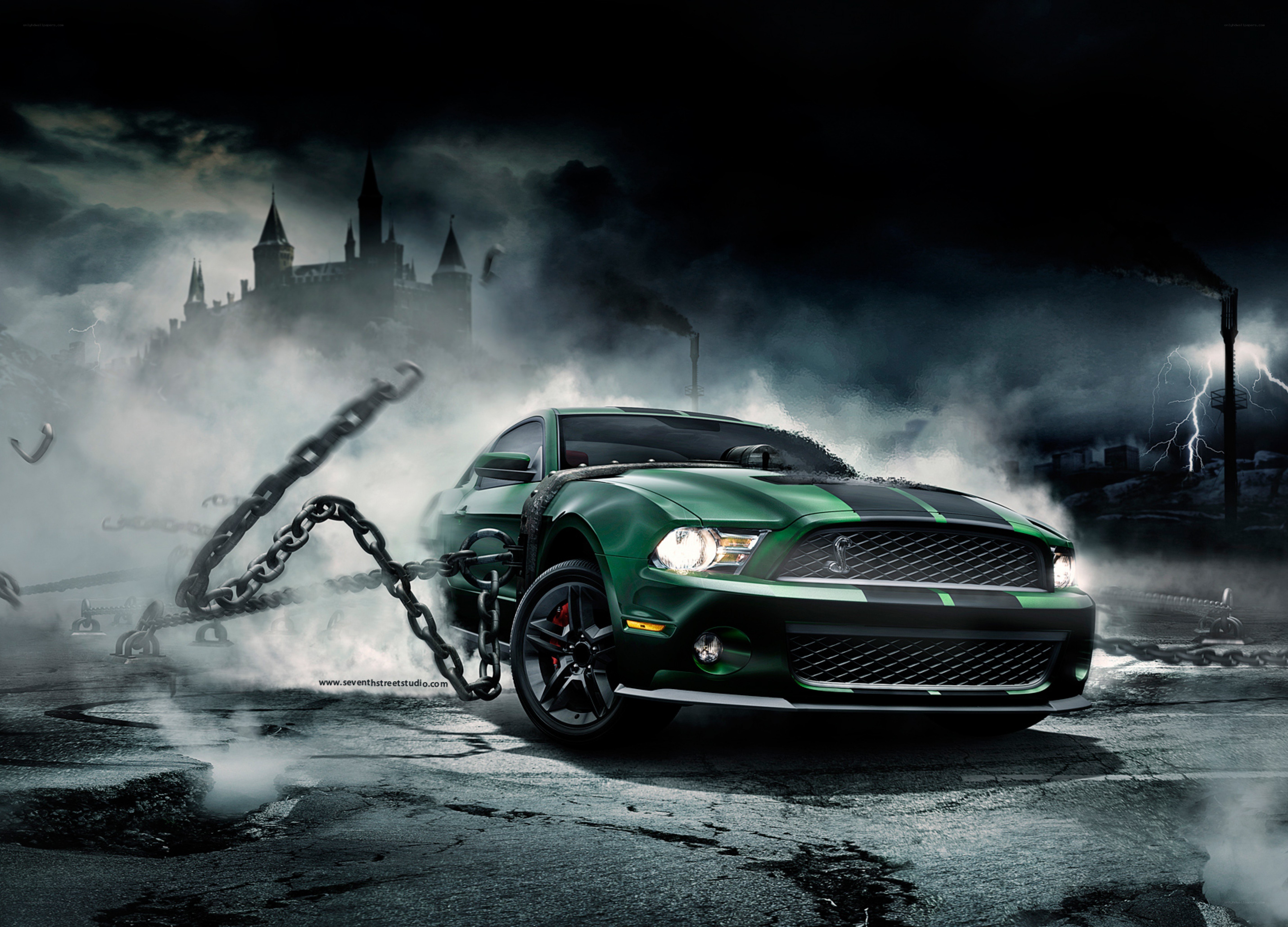 Green Mustang in a storm