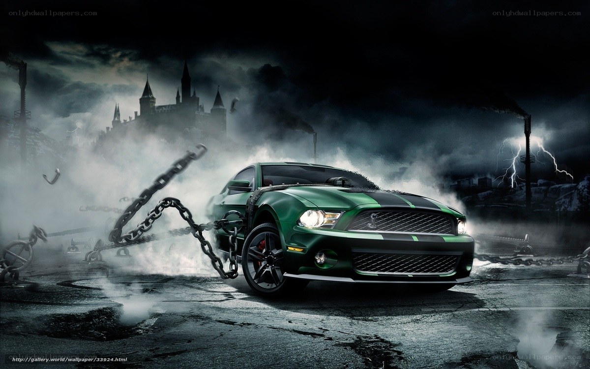 Green Mustang in a storm