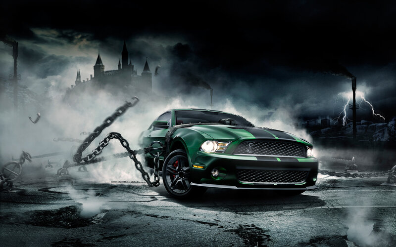 Green Mustang in a stormy landscape