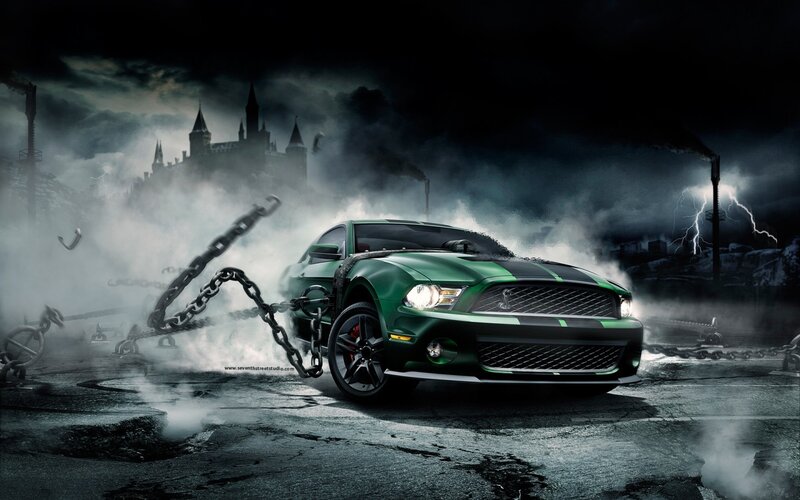 Green Mustang in a stormy landscape