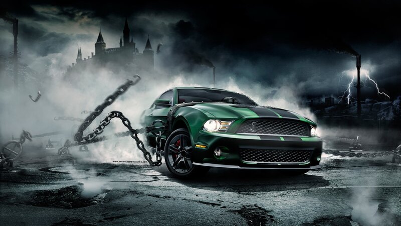 Green Mustang in a stormy scene