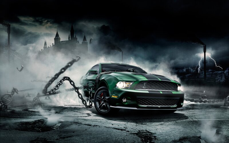 Green Mustang in a stormy scene