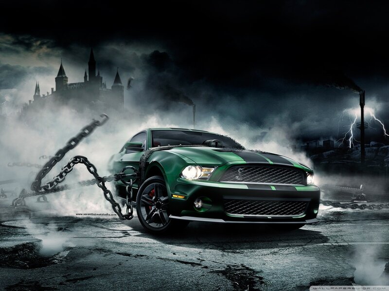 green mustang in dark storm