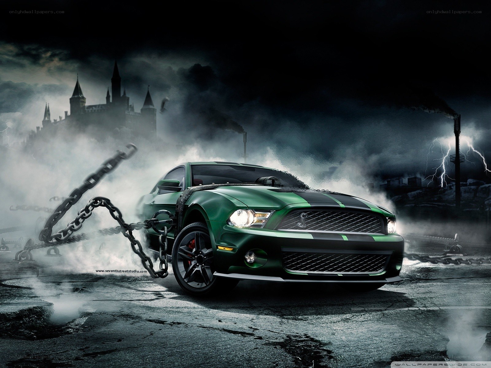 green mustang in dark storm