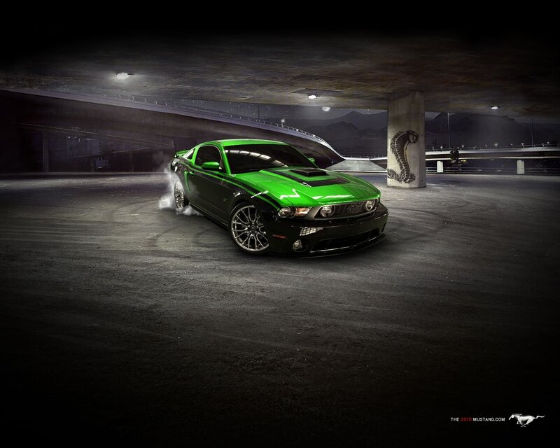 Green Mustang in Parking Garage