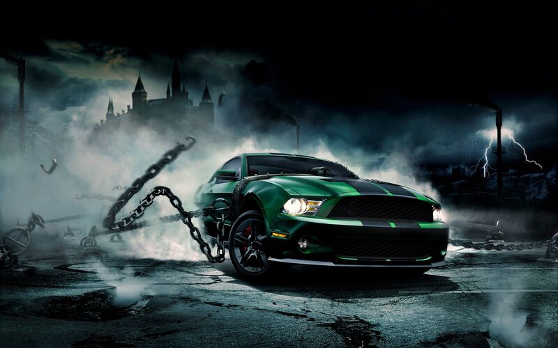Green Mustang in stormy scene