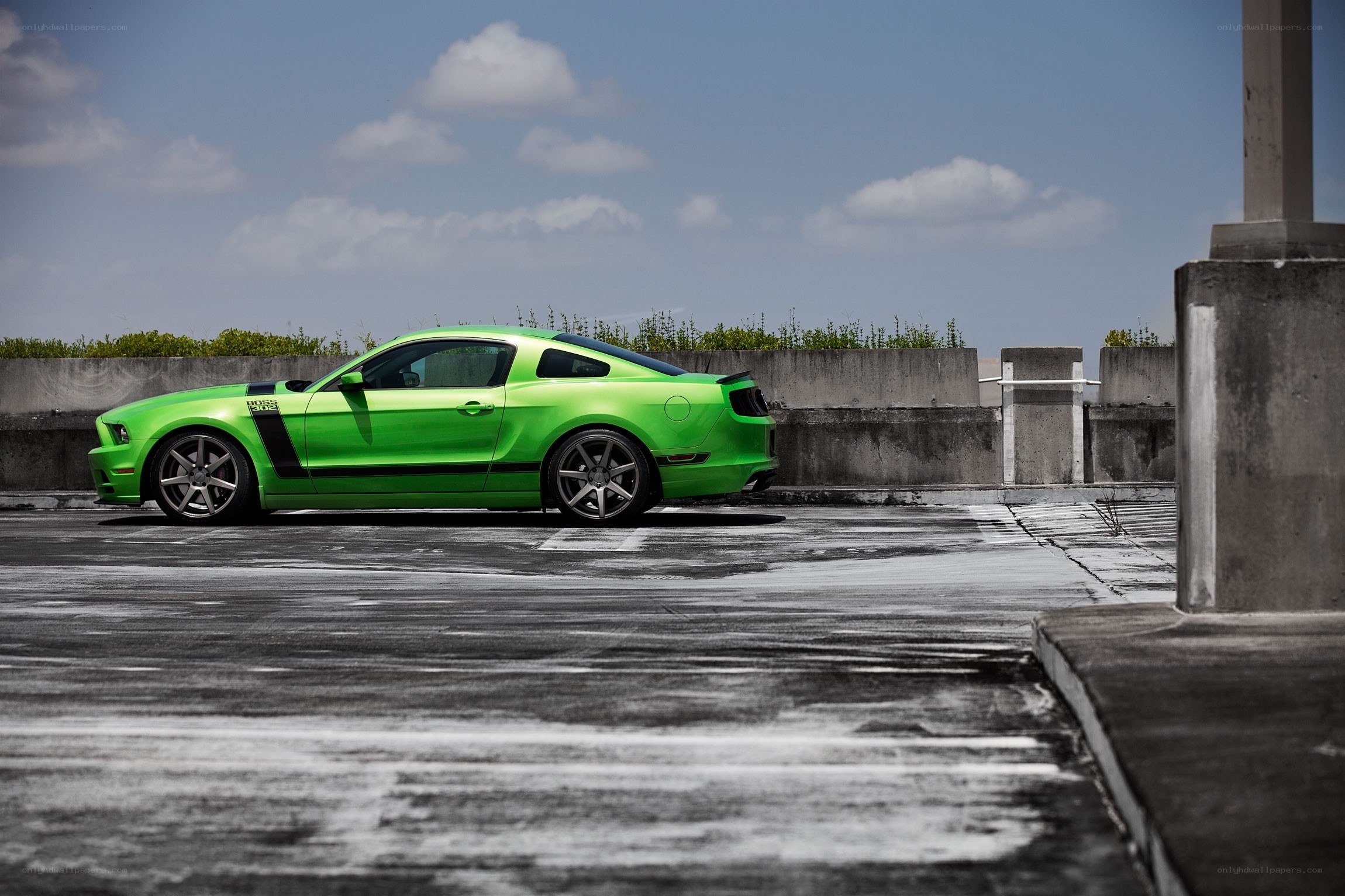 green mustang on rooftop