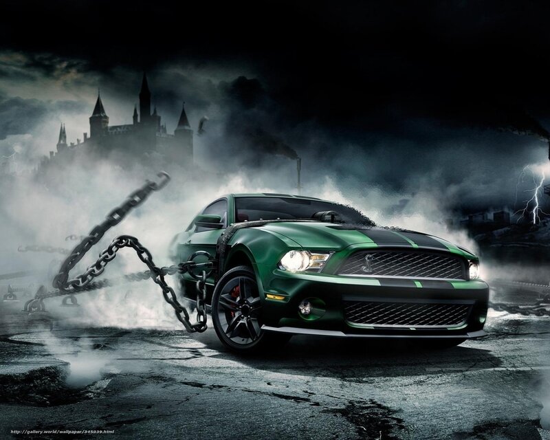 Green Mustang with chains