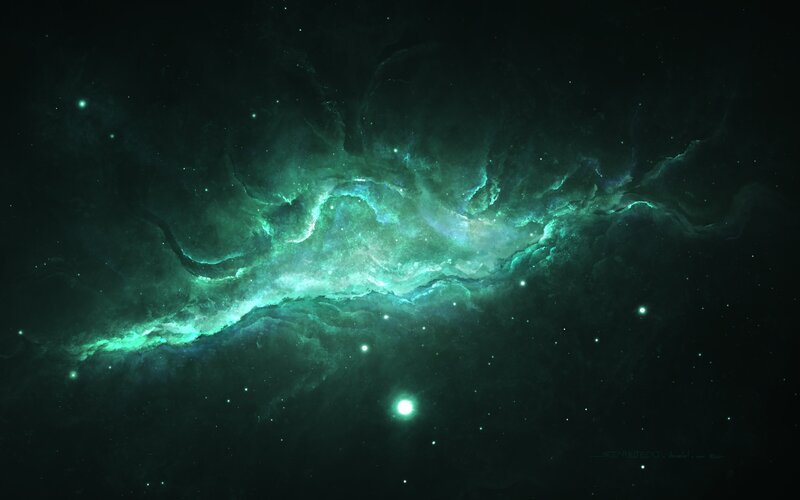 Green Nebula in Space — Serene, Digital Art, Stars