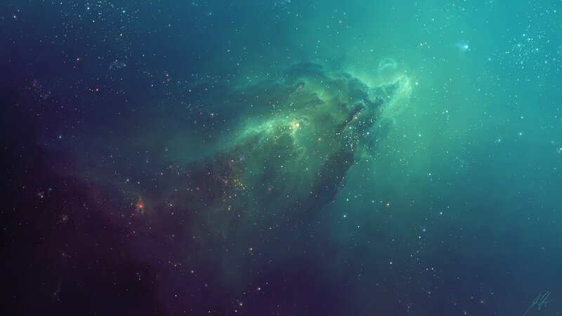 Green Nebula in Space — Teal, Serene, Digital Art