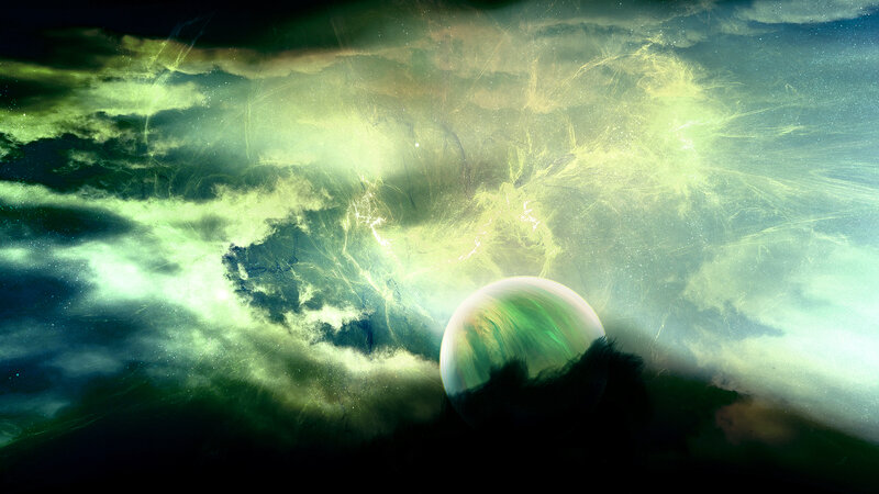 green nebula with planet