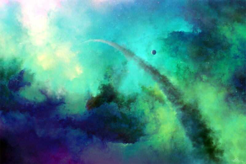 Green Nebula with Planet — Cosmic