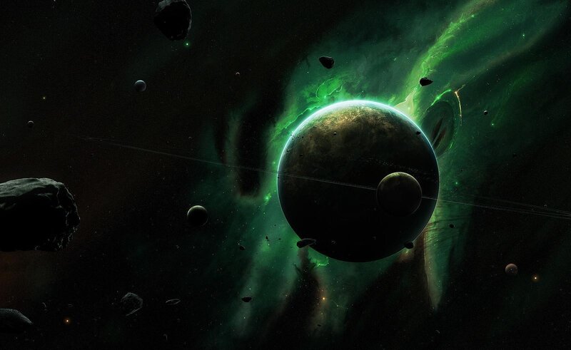 green nebula with planet