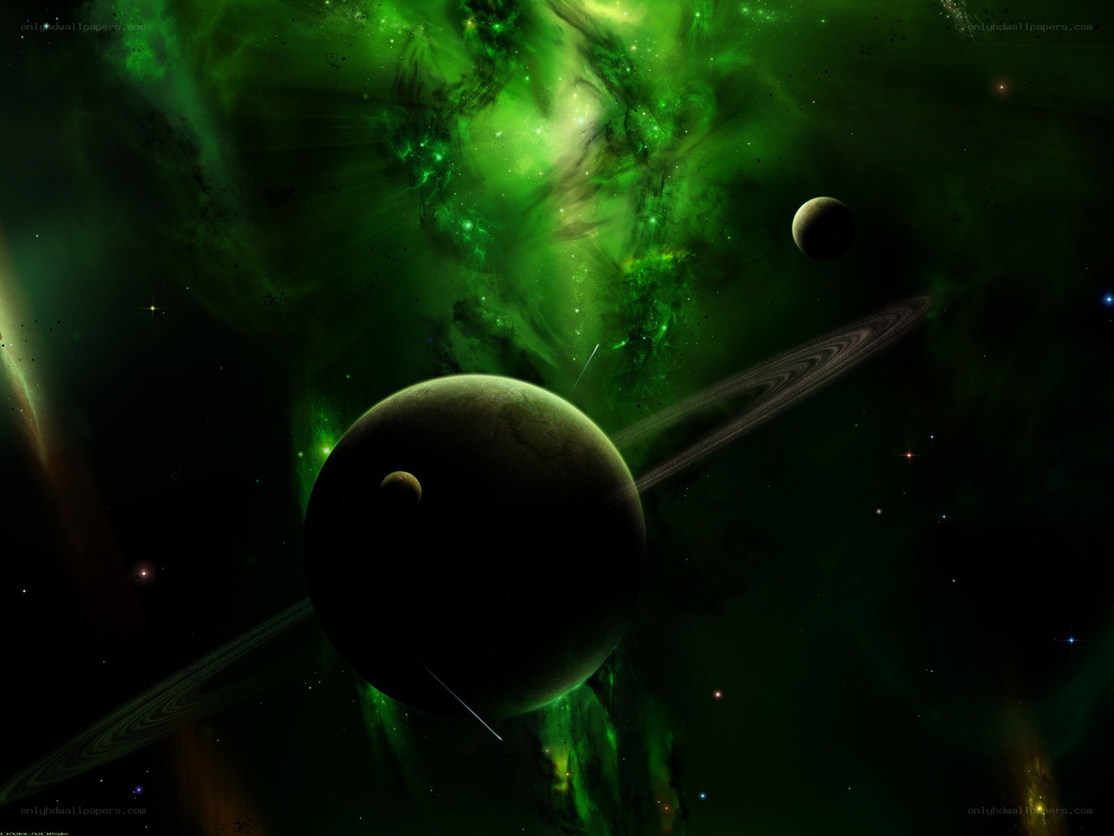Green nebula with planets