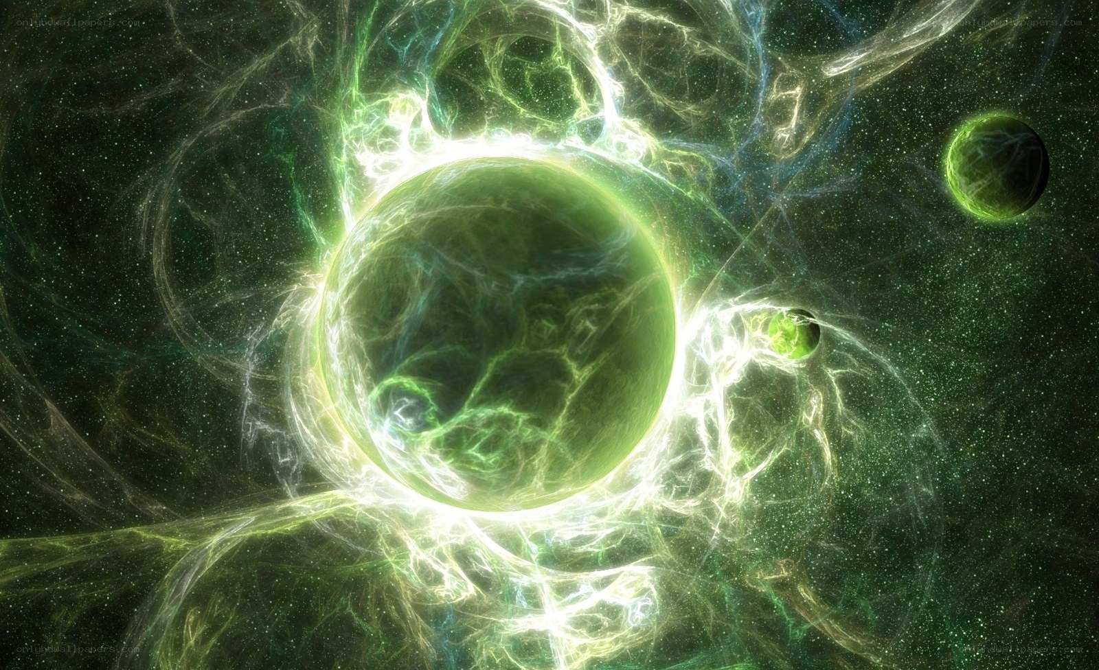 green nebula with planets