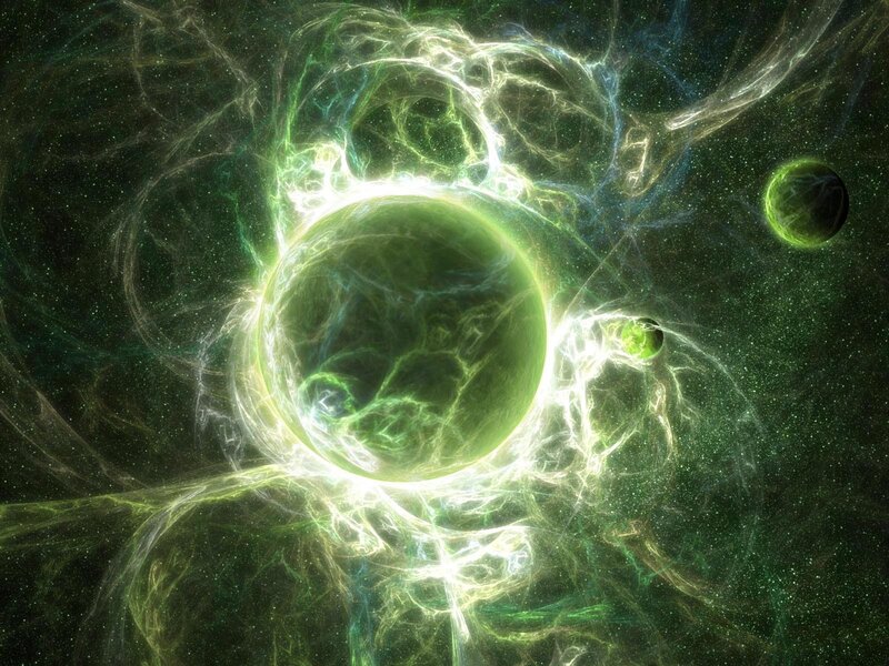 green nebula with planets