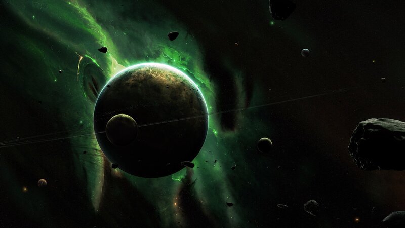Green nebula with planets