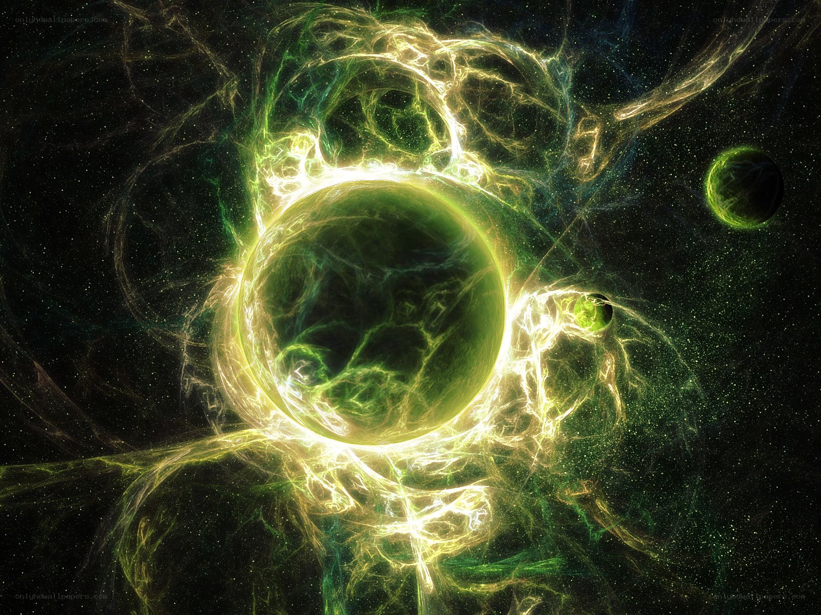 green nebula with planets