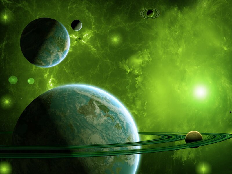 Green nebula with planets