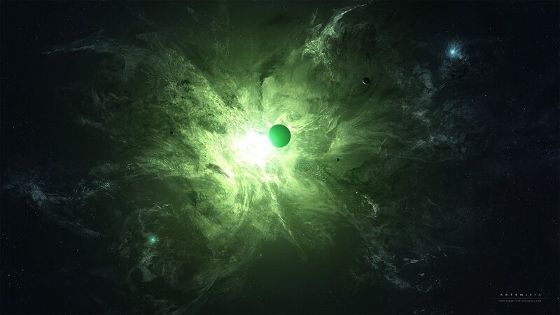 Green Nebula with Planets — Cosmic