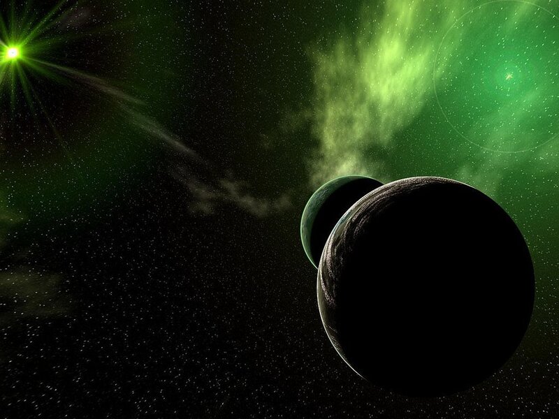 green nebula with planets