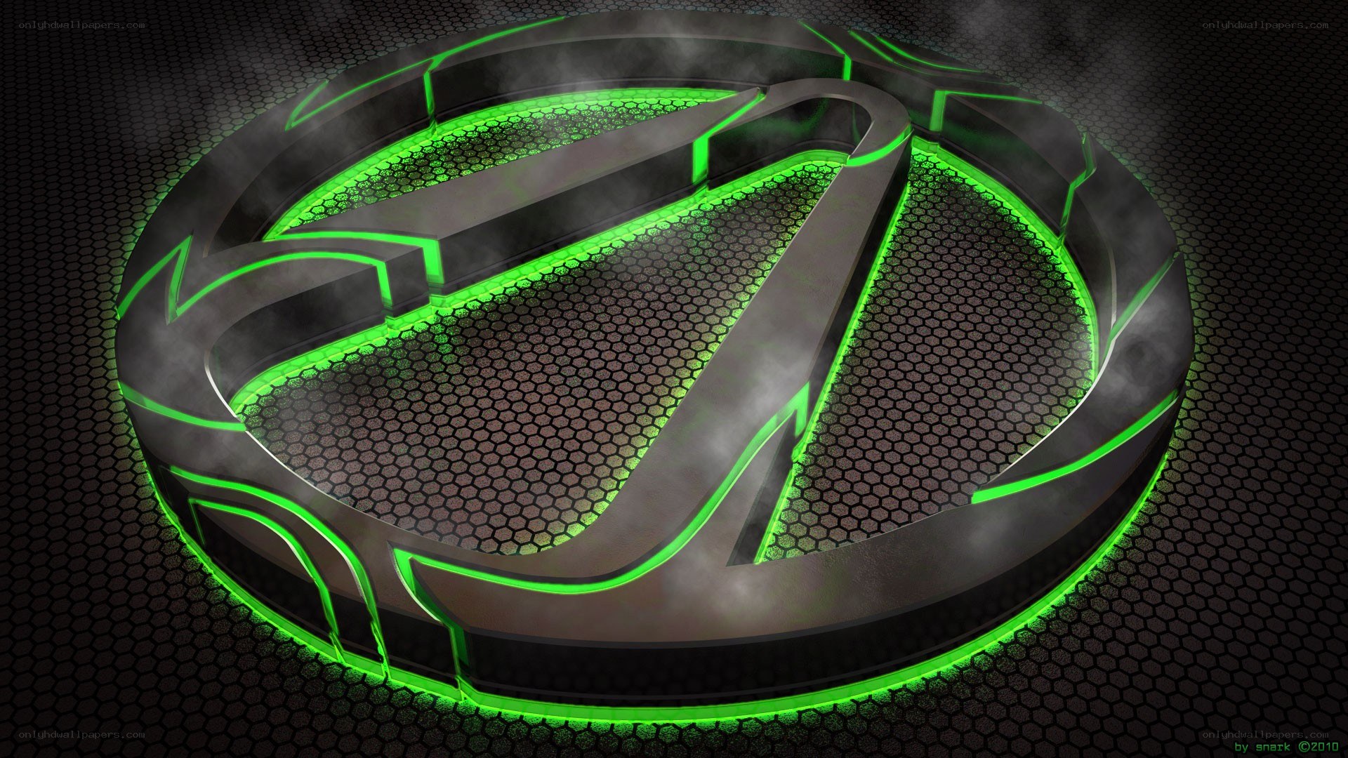 green neon logo on mesh