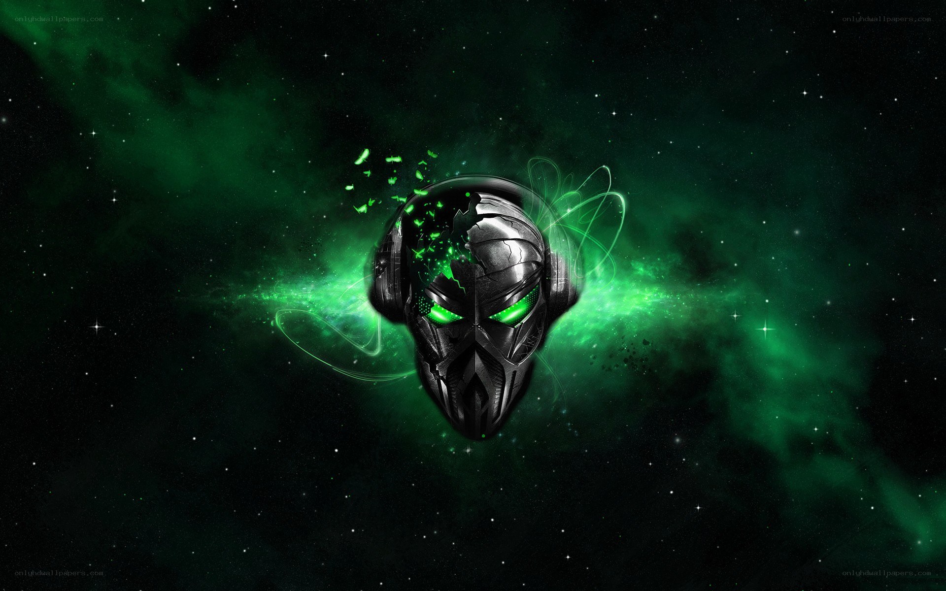 green neon mask in space