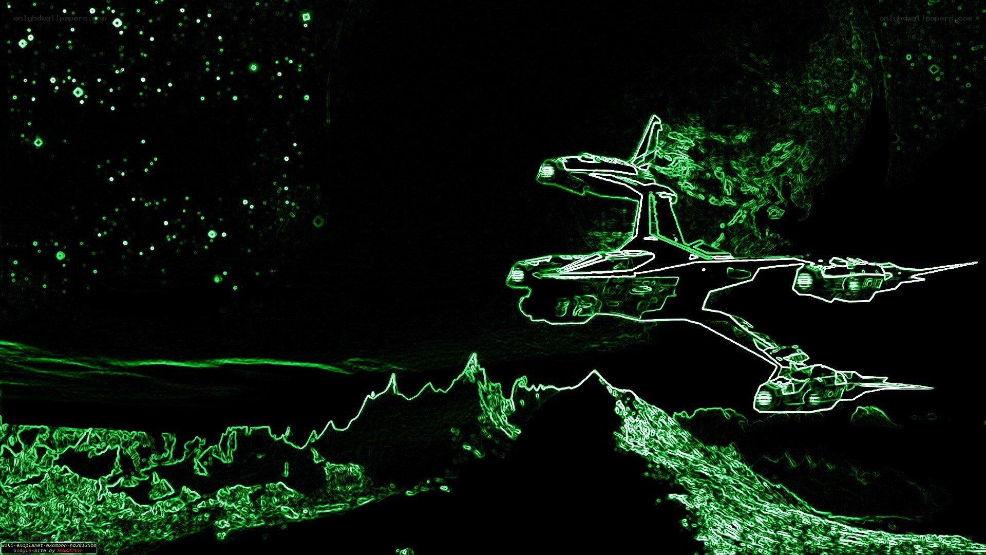 green neon spaceship over alien planet