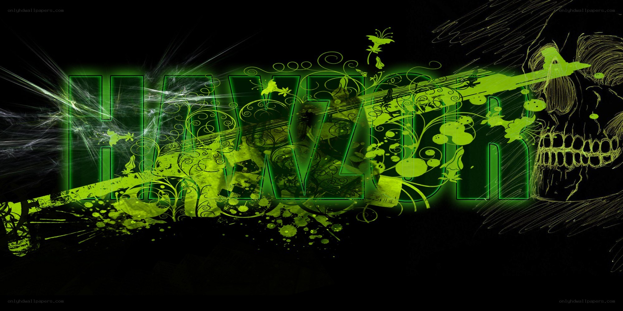 green neon text with skull