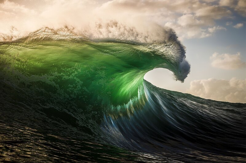 Green Ocean Wave — Dramatic, Sunset, Photograph, Sky, Clouds, Sea