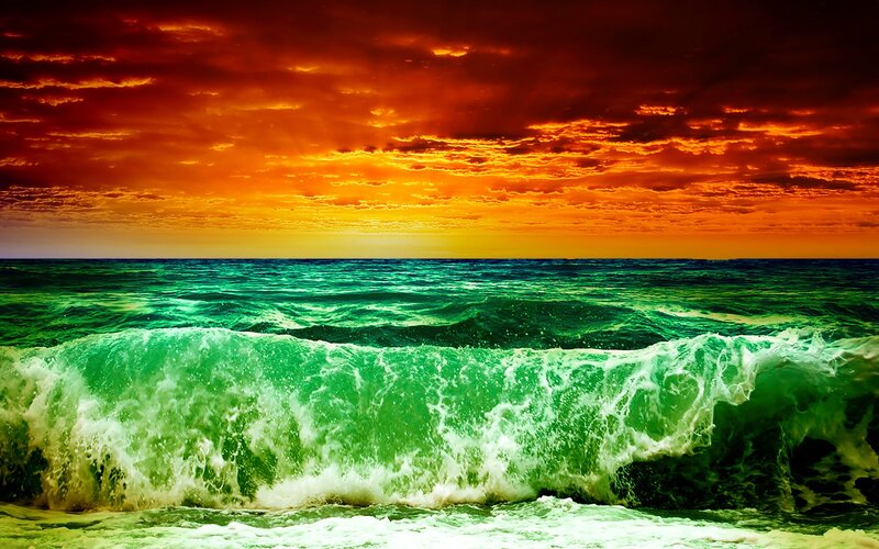 Green Ocean Wave — Dramatic, Sunset, Photograph, Sky, Clouds