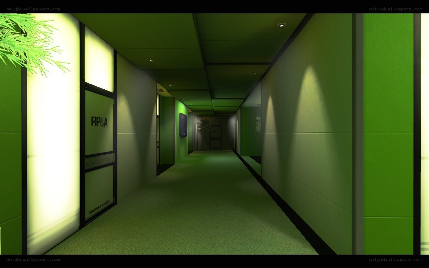 green office hallway