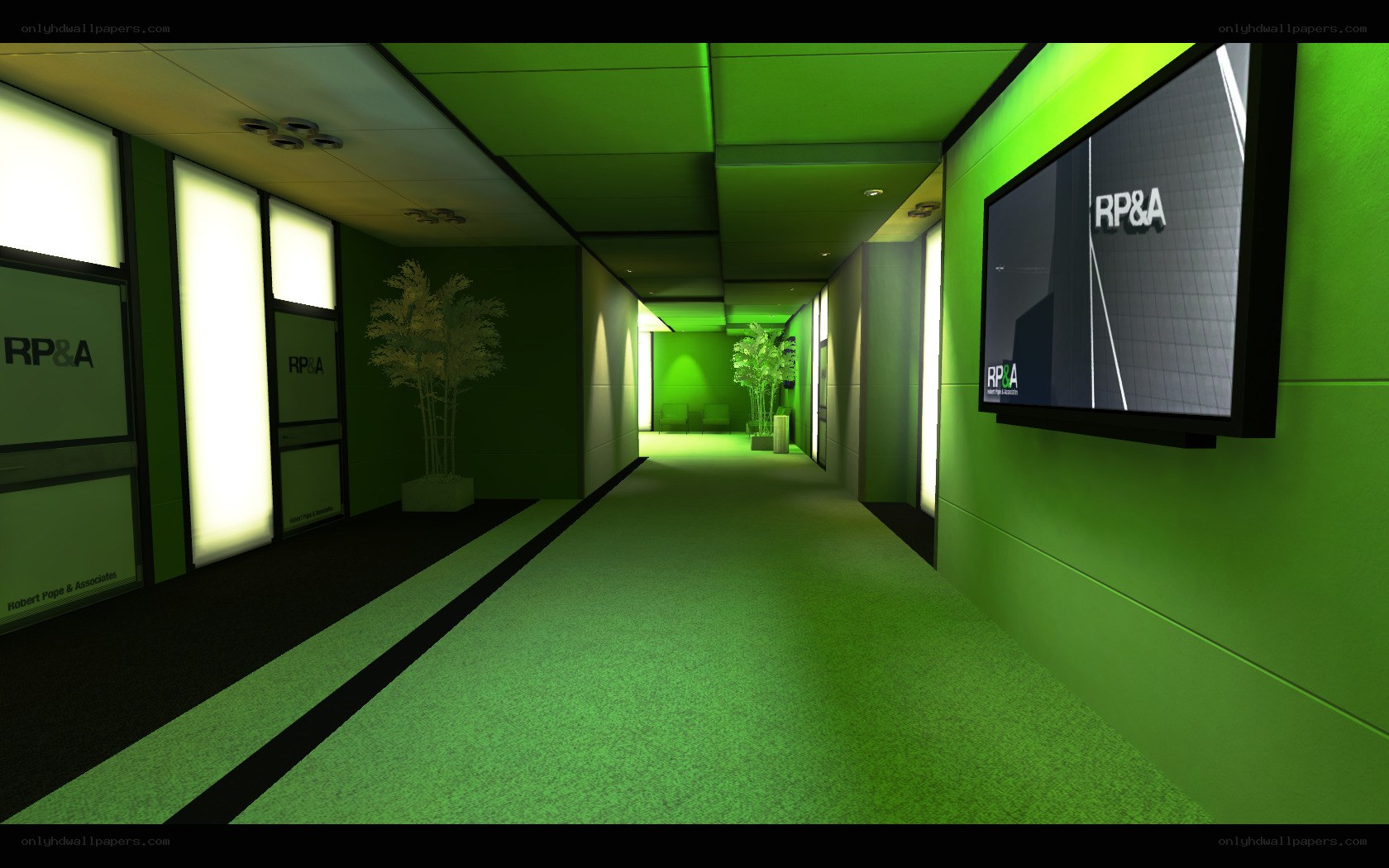green office hallway