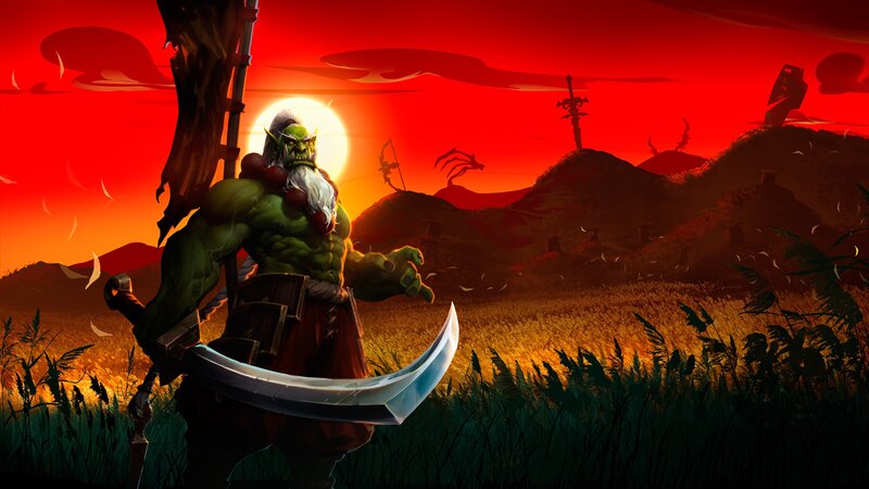 Green Orc Warrior — Red, Dramatic, Sunset