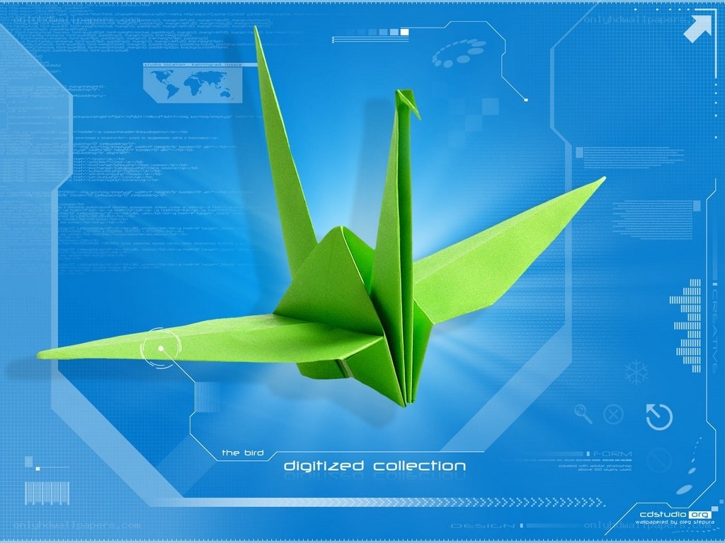 Green origami bird on digital background