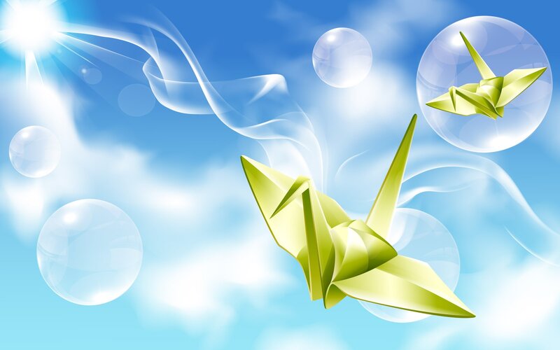 Green Origami Cranes — Blue, Serene