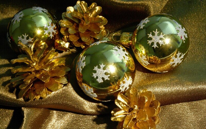 Green Ornaments and Pinecones — Festive