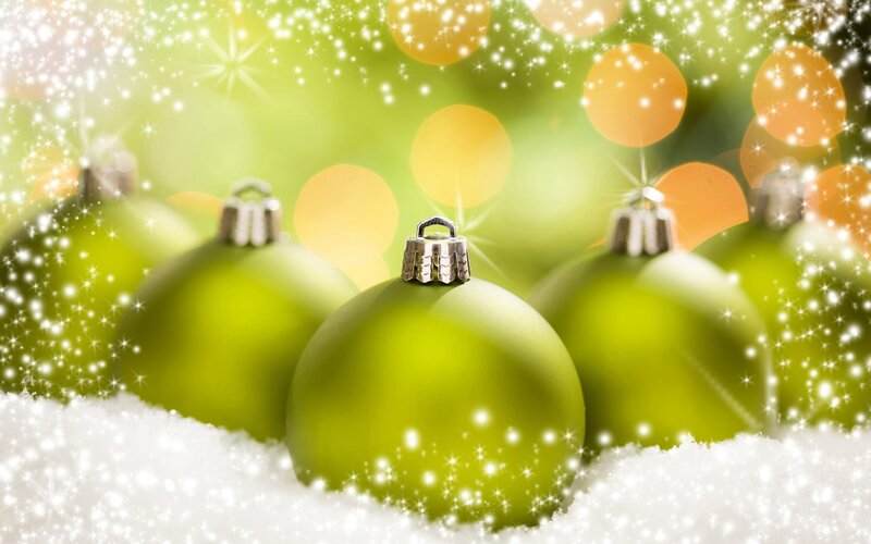 Green Ornaments in Snow — Festive