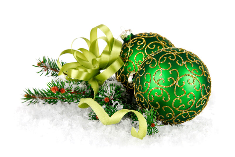 Green Ornaments in Snow — Festive, Winter
