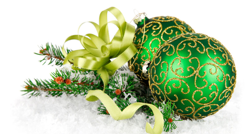 Green Ornaments on Snow — Festive, Winter