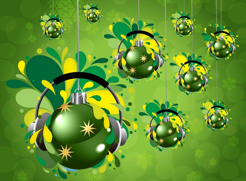 green ornaments with headphones