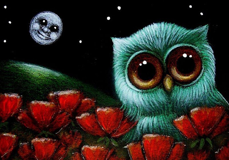 Green Owl in Flowers