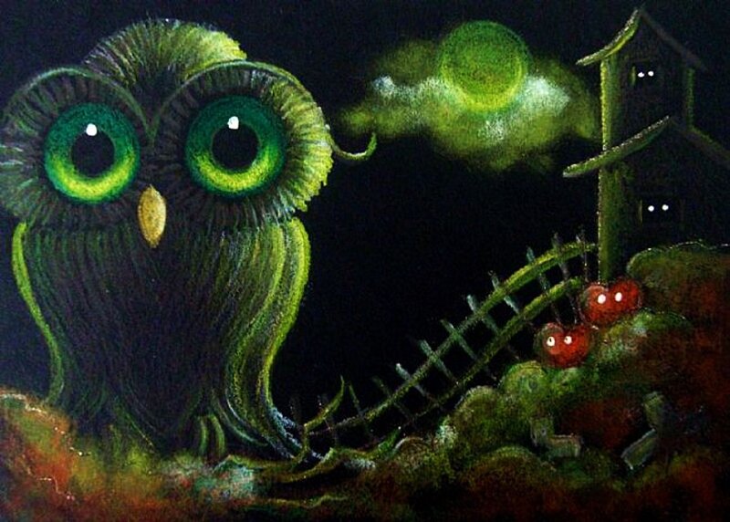 Green Owl with Large Eyes